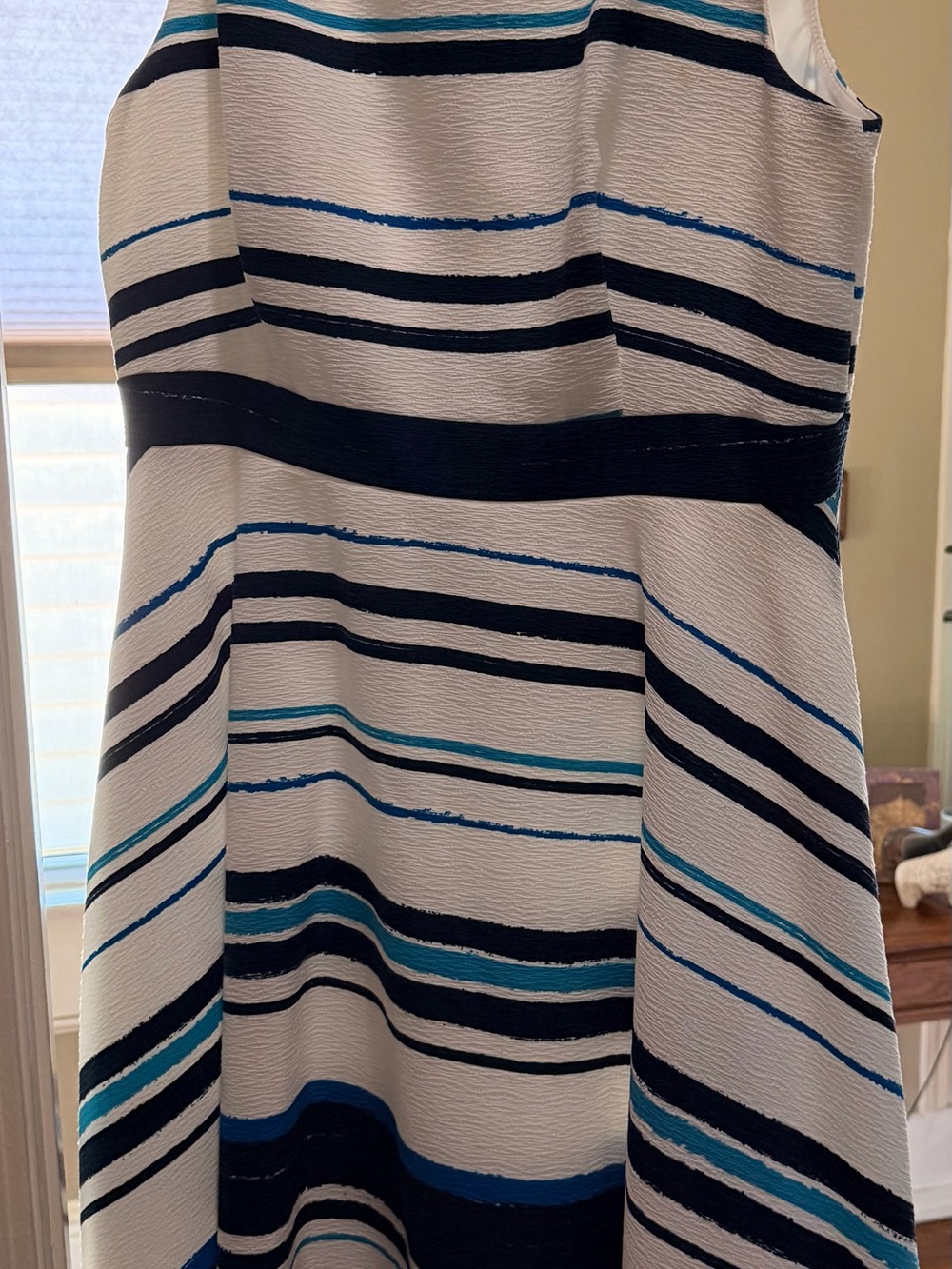 Alex Marie White Dress with Navy & Teal Stripes